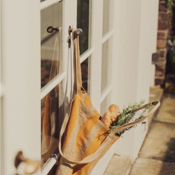 Saardé 100% Natural Woven Jute Market Bag in Mustard Stripe - Beach Pool Tote - Picture 2 of 15
